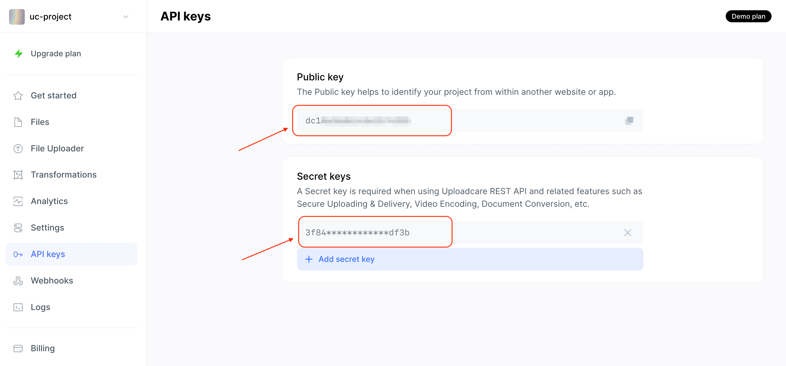 Uploadcare Public and Secret API key in the Uploadcare dashboard