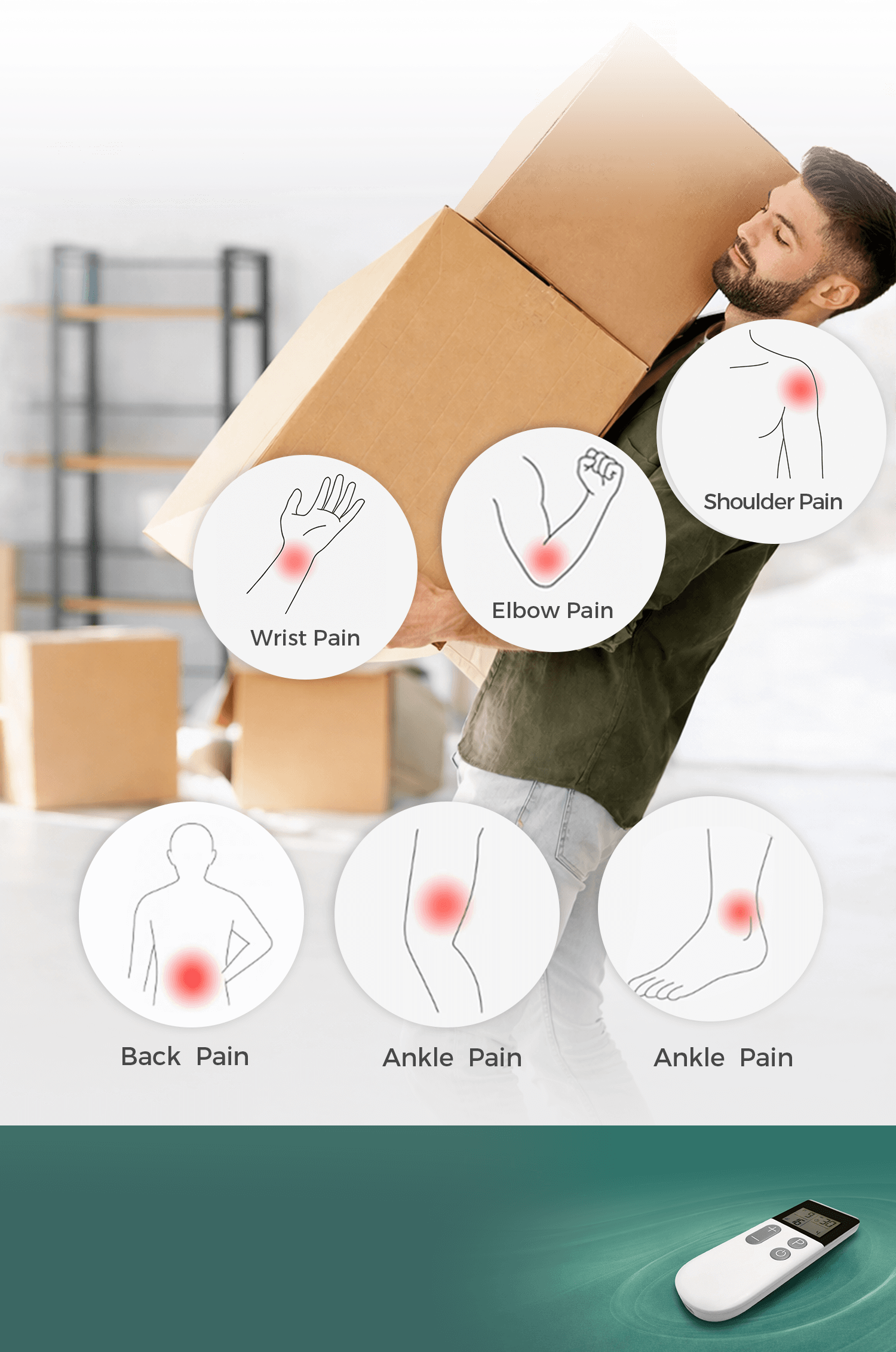 Wireless Wellue TENS therapy pod surrounded by icons highlighting multiple pain areas such as shoulder, back, knee, wrist, elbow, and ankle