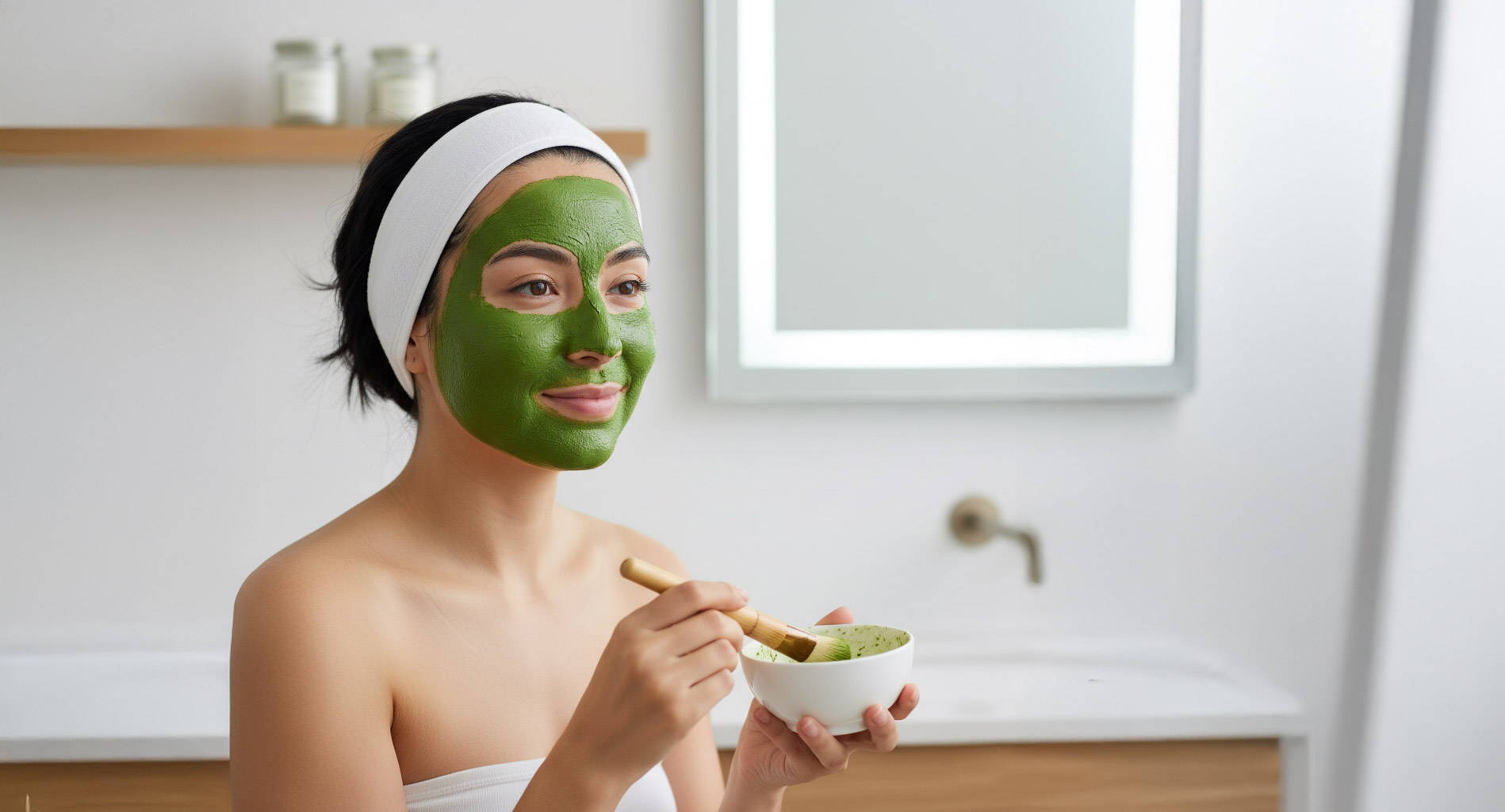 Image of a woman wearing a matcha mask
