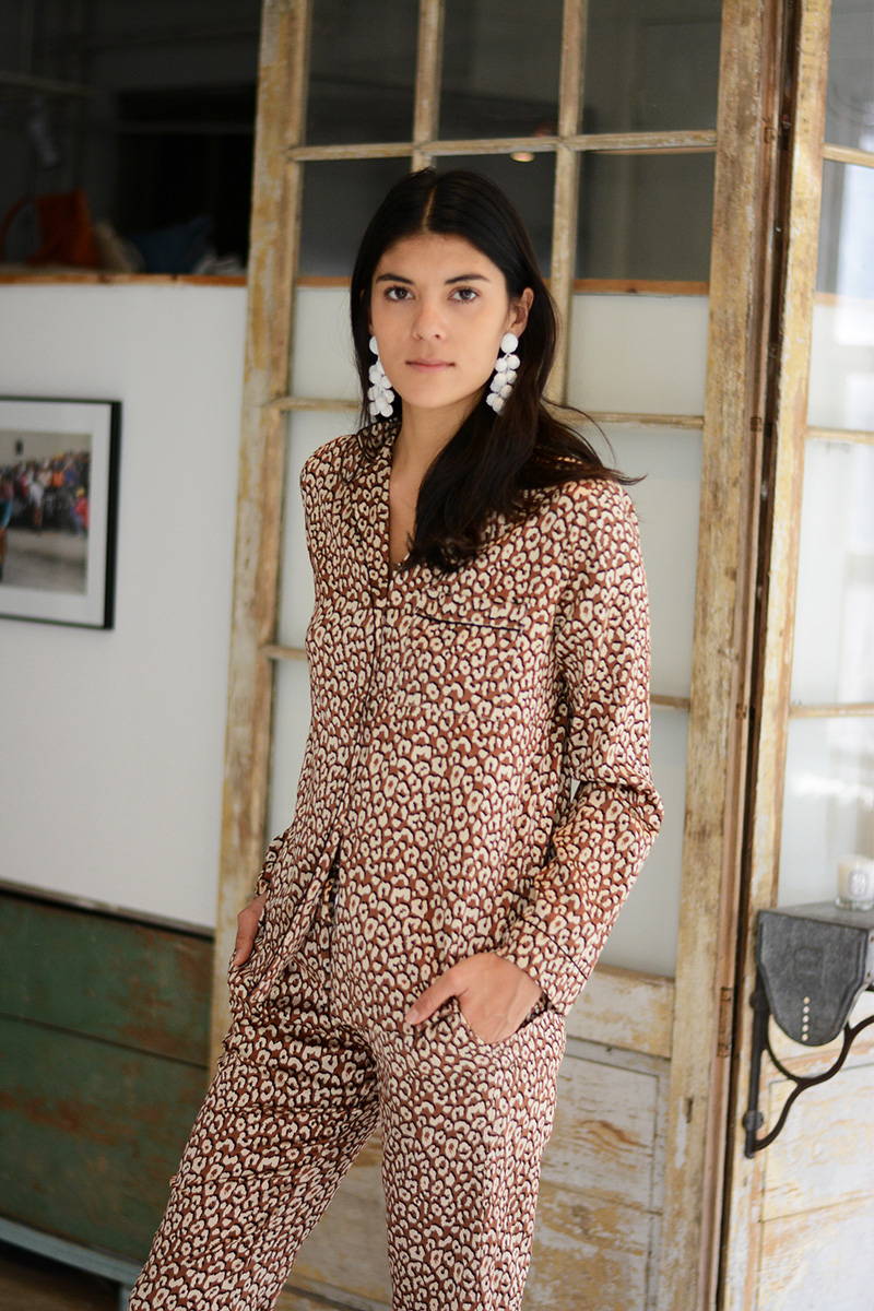 Neada Jane in YOLKE's Leopard Print Silk Pyjamas 