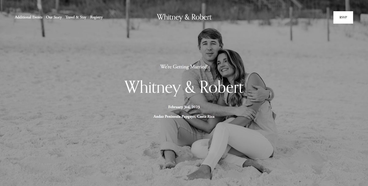 Screenshot of Whitney & Robert, from the squarespace wedding websites collection.