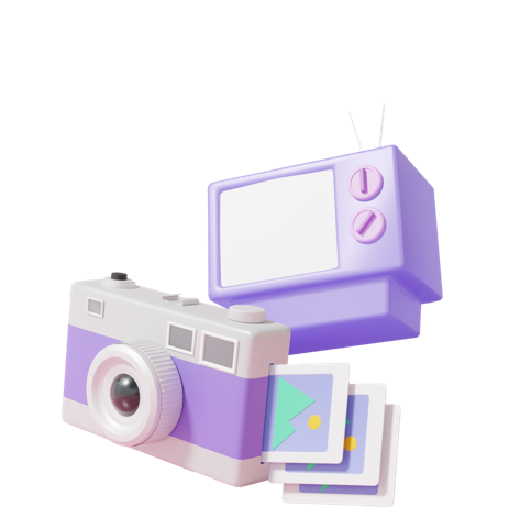 Vintage camera producing photographs and TV for Retro Party 