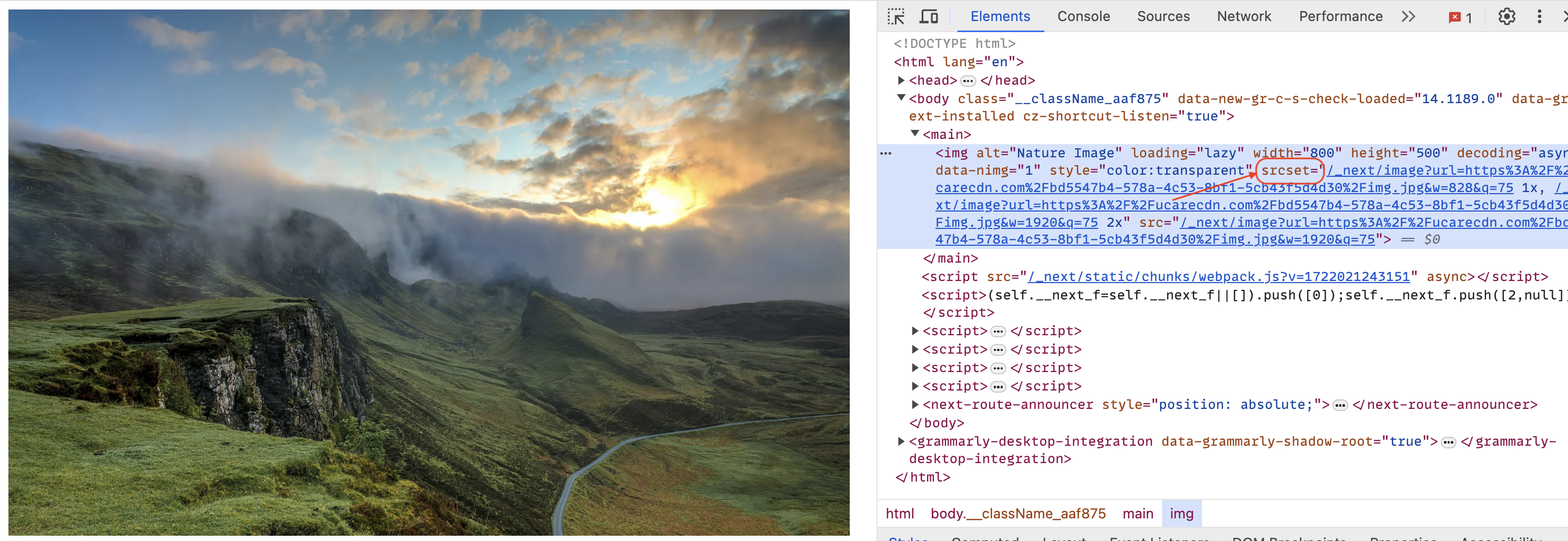 Next.js Image component renders image with srcset