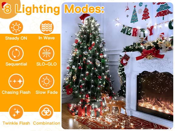 Features of Ollny's 800 leds clear cable cool white string lights - mobile size