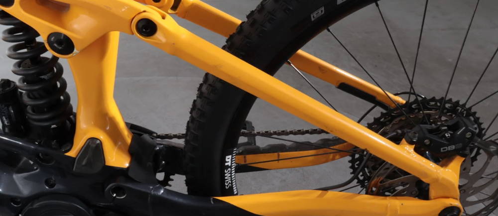 the rear wheel on an Orbea Wild full suspension electric mountain bike