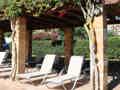 Ein schattiger Terrassenbereich mit Sonnenliegen unter einer begrünten Pergola.