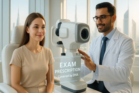 Ophthalmologist performs eye exam on smiling female patient using a futuristic vision testing device showing digital prescription details.