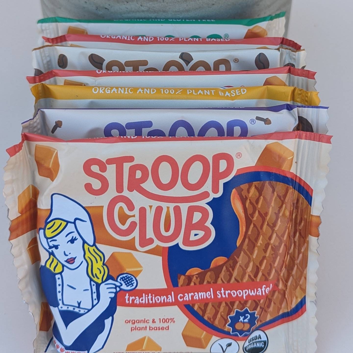 Different flavors of packaged stroopwafels