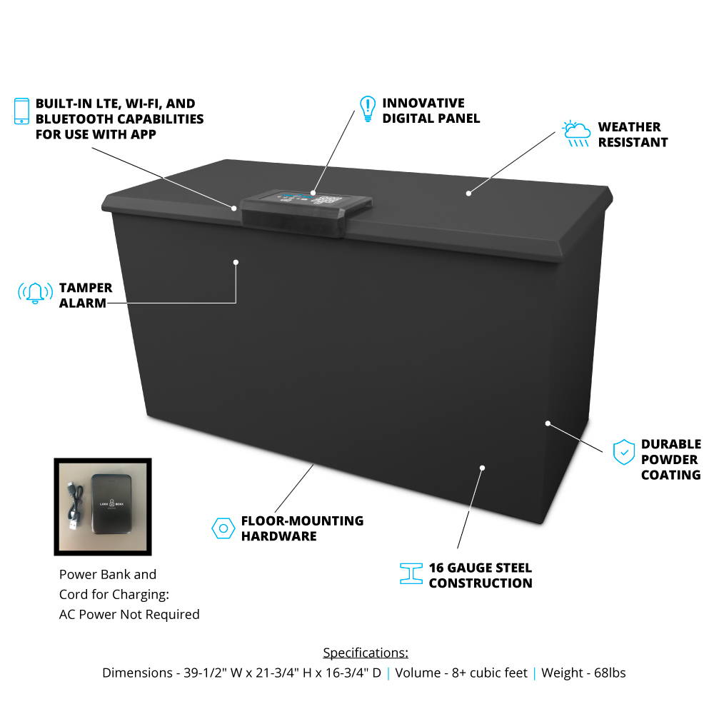 Loxxboxx Infographic with many features  like built-in LTE, Wi-fi, and bluetooth capabilities for use of app, tamper alarm, floor-mounting hardware, 16 gauge steel construction, durable power coating, weather resistant, and innovative digital panel