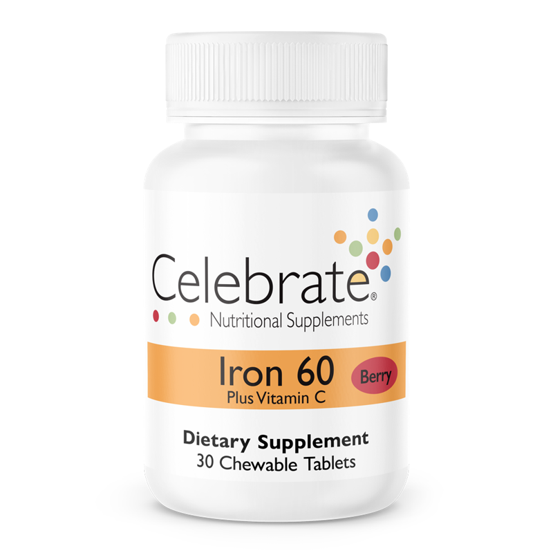 a black caCelebrate Nutrition Supplements Iron 60 mg chewable tablet, berry flavor