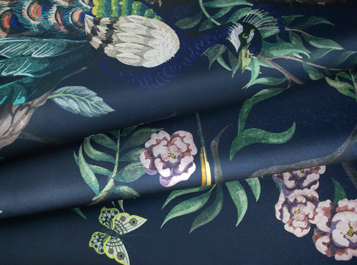 Blue chinoiserie peacock satin fabric Panel Image