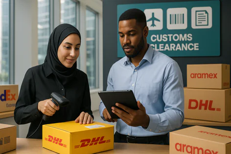 Logistics team processing packages for customs clearance. A woman in hijab scans a DHL box while a man checks a tablet, with FedEx and Aramex shipments on the table.