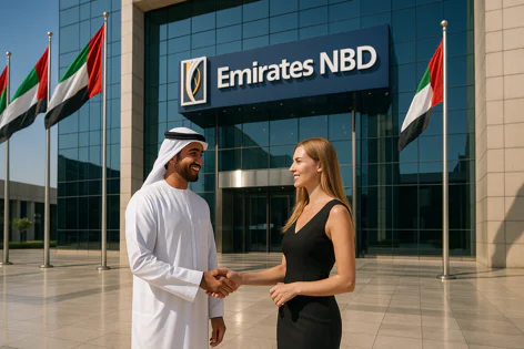Professional handshake between a man in traditional Emirati dress and a woman in a black dress outside the modern Emirates NBD building with UAE flags.