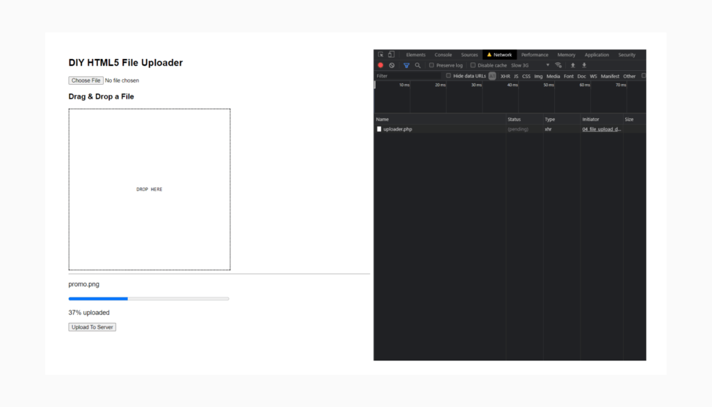 The file that I dragged into the region is being uploaded. Notice how the file name has been set, even though the "Choose File" is still empty. HTML5 Drag and Drop file uploader