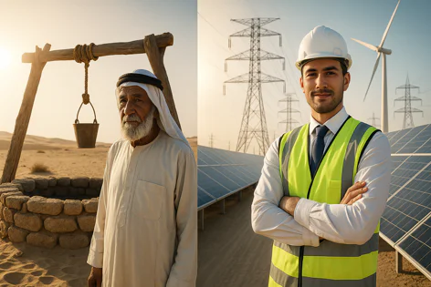 Older man in traditional clothes beside a desert well, contrasted with a young engineer among solar panels and renewable energy infrastructure, representing progress.