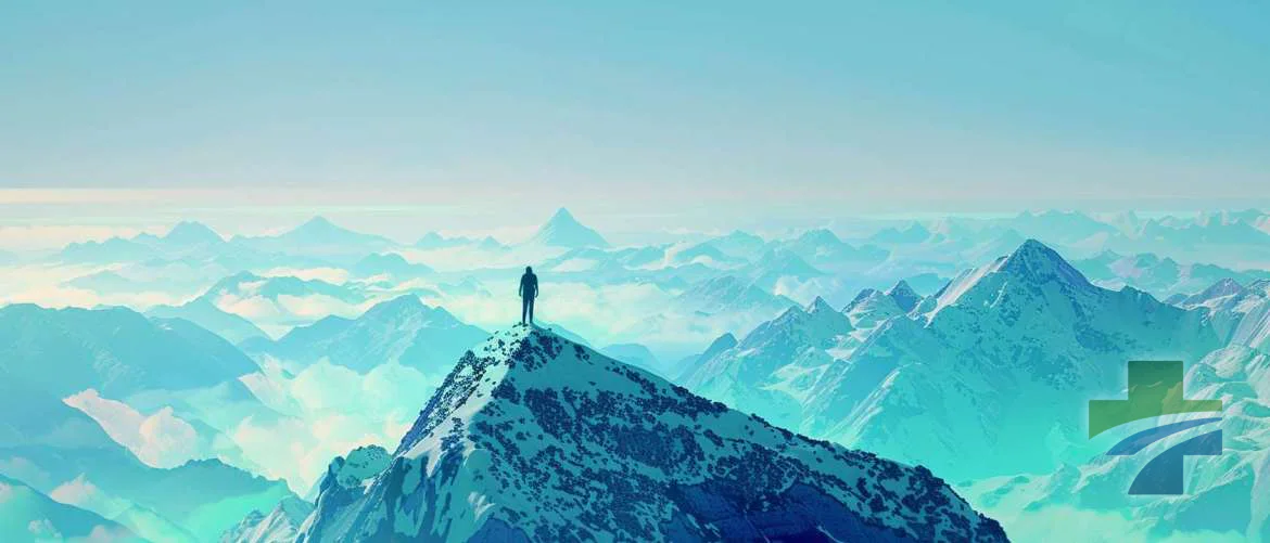 Surreal digital summit scene symbolizing personal growth and professional achievements.
