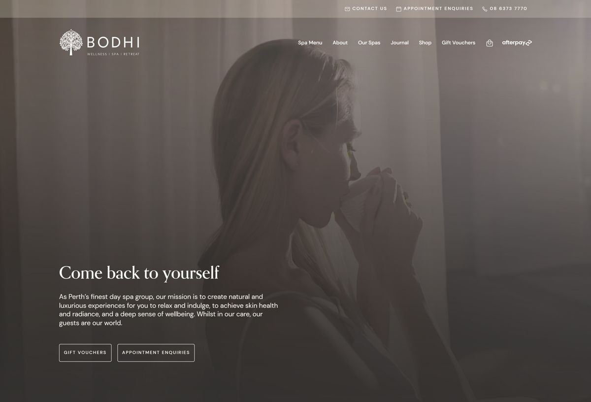 Screenshot of BODHI Spa, from the spa websites collection.