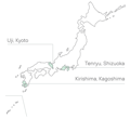 Uji, Shizuoka and Kirishima highlighted in Japan map