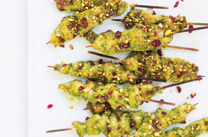 Mini Chicken Skewers with Pesto, Cranberries and Pistachios