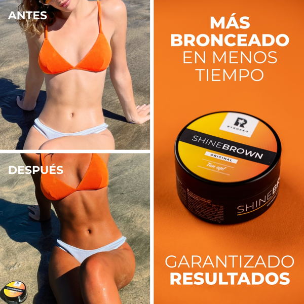 Shine Brown Tan up! Crema bronceadora premium para un bronceado más rápido e intenso, sostenida por una mujer en bañador.