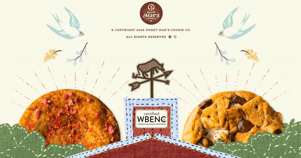 Screenshot of Sweet Mae's Cookie Co., from the website footer designs collection.