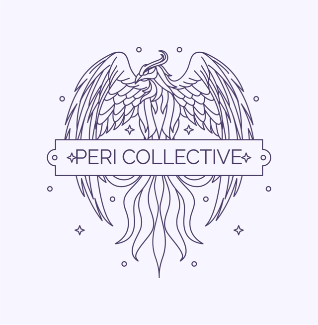 Logo featuring a winged phoenix with a banner reading “PERI COLLECTIVE” in lavender tones.