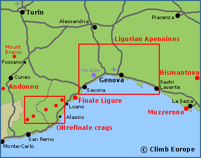 Map of the rock climbing areas around Genova and Liguria