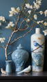 modern Chinoiserie with blue tones and blossom
