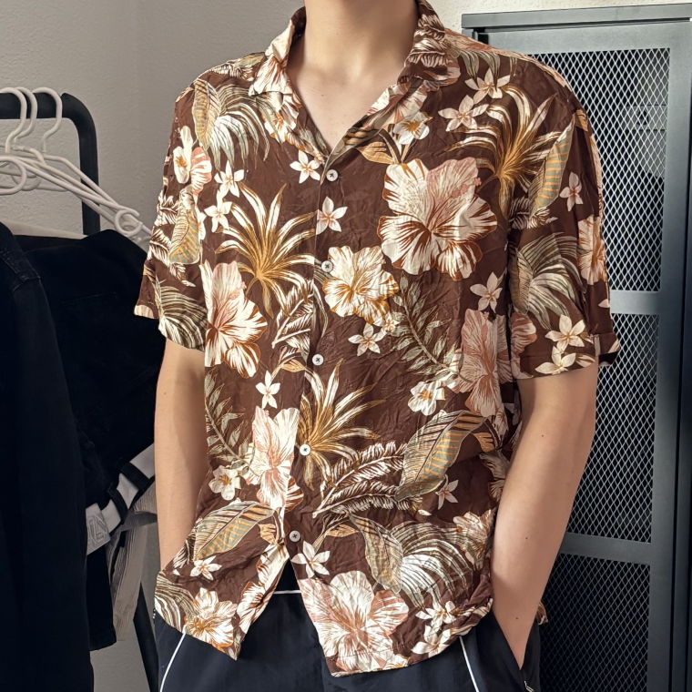 brown hawaiian shirt with flower pattern