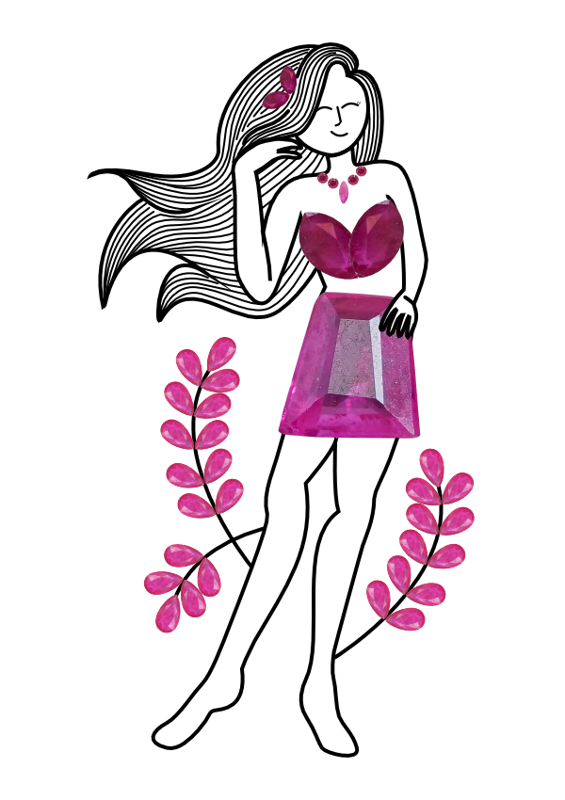 An illustration of a woman wearing fuchsia ruby dress