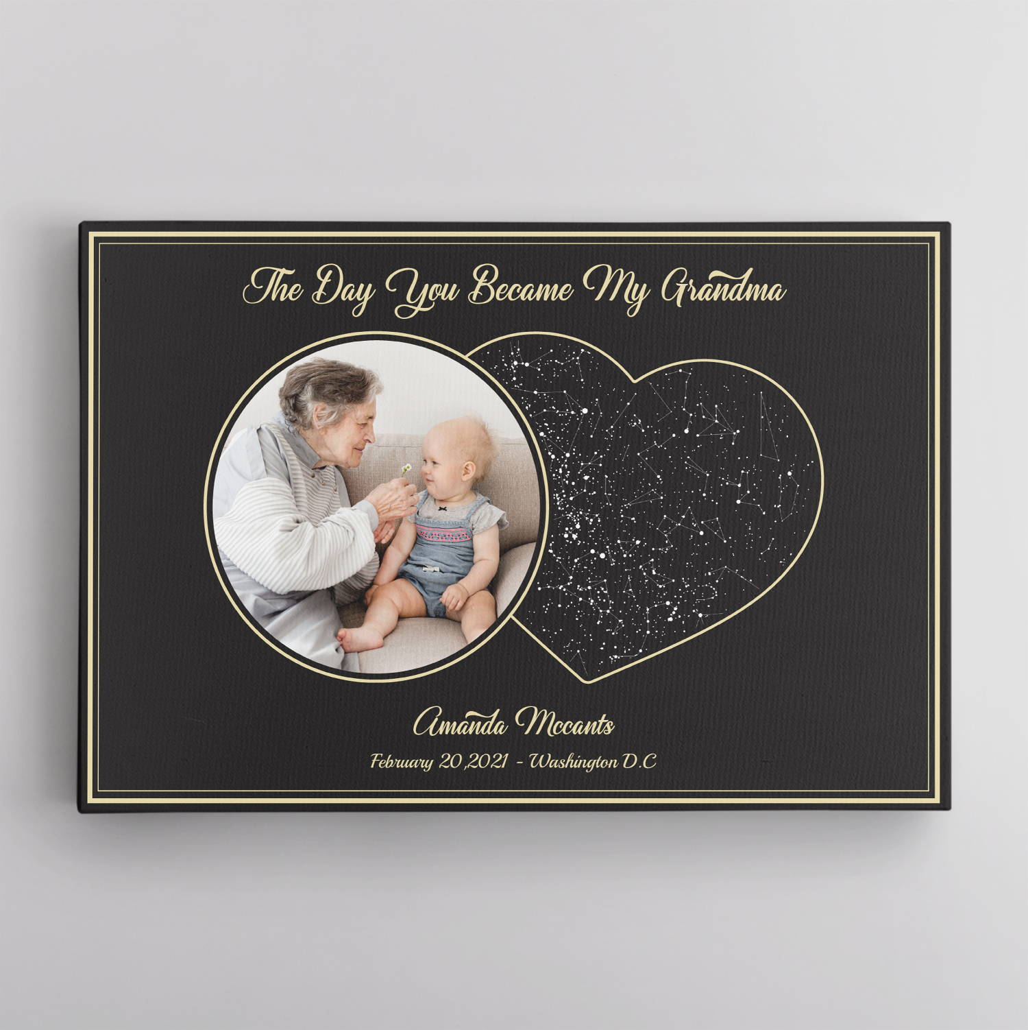Do you want to keep "the day you became my grandma" conspicuous? Well, this personalized star map canvas may be the most suitable choice for a new grandma gift. Just add the date and location to mark the milestone. Customization is never easier!