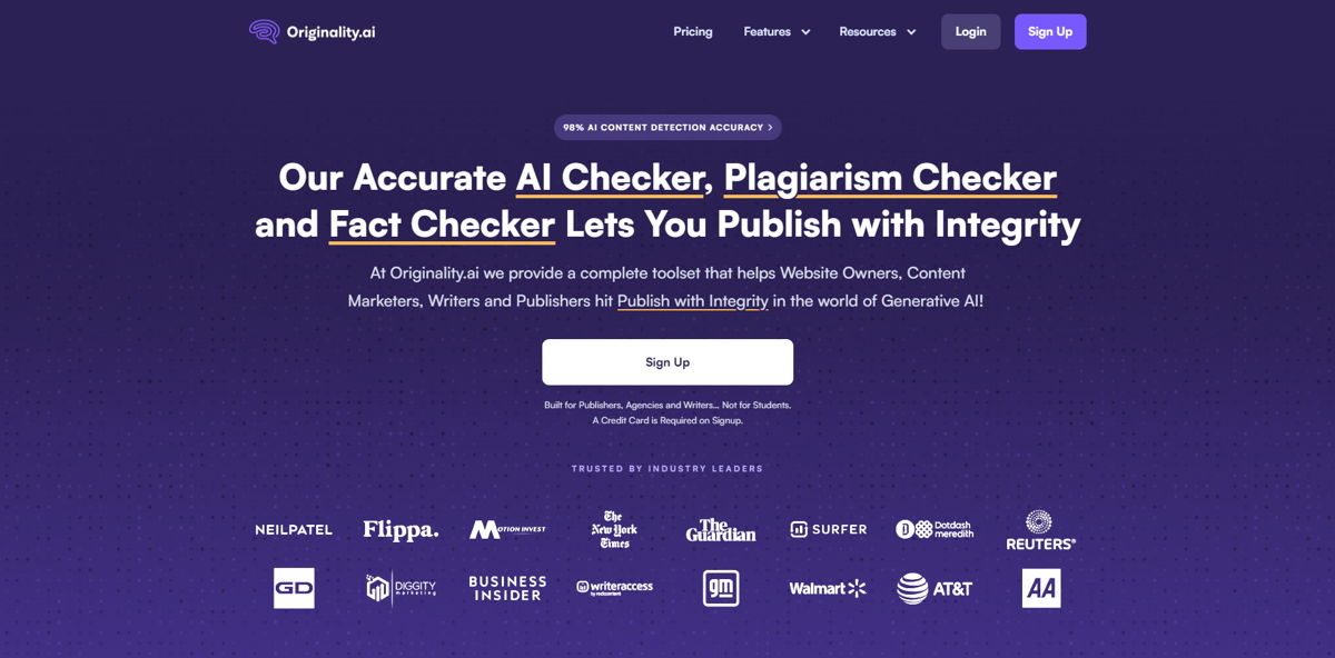 Screenshot of Originality.ai , from the purple websites collection.