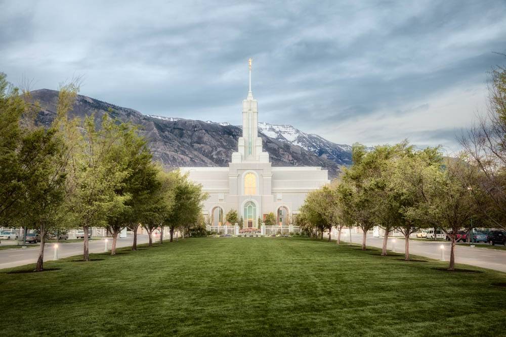 LDS art photo of the Mount Timpanogos Temple on a cloudy day.