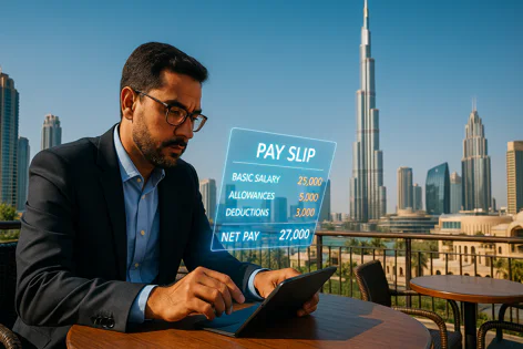 A man in a suit examines a digital pay slip on his tablet showing salary figures, with the Dubai skyline and Burj Khalifa in the background.