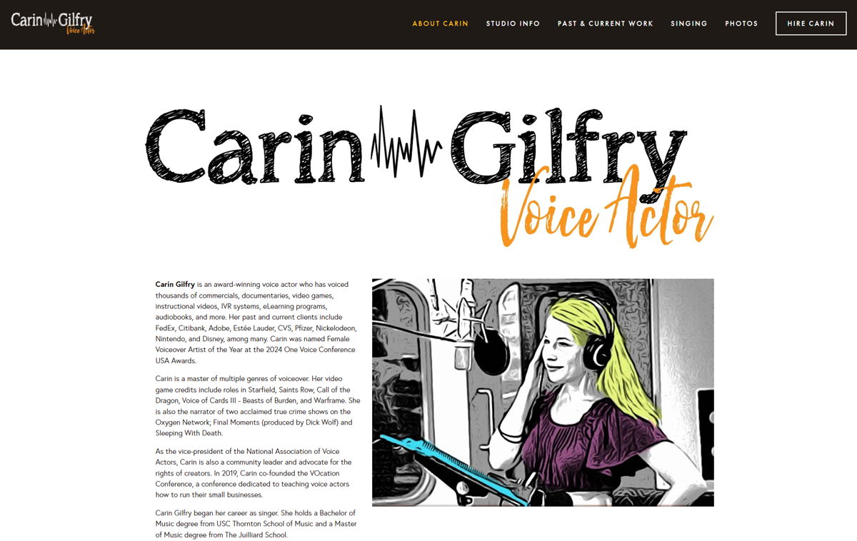 Screenshot of Carin Gilfry, from the voice actor portfolios collection.