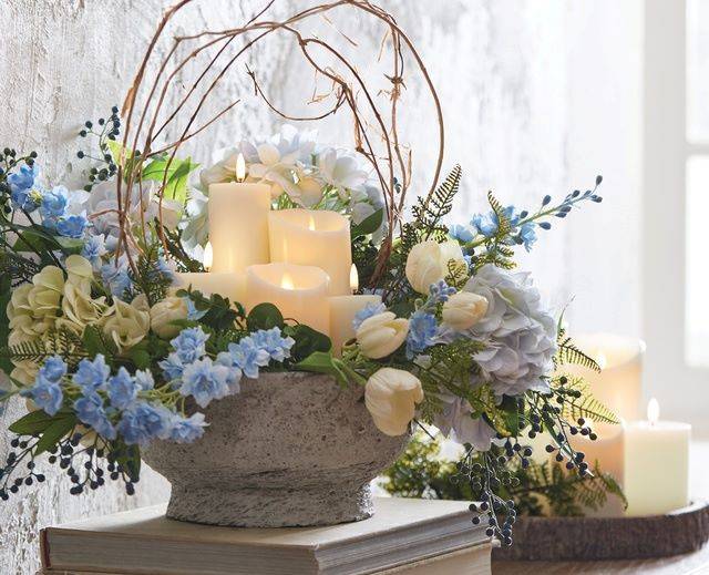 Raz Imports Moving Flame Candles in Centerpiece with Blue Delphinum and White Tulips