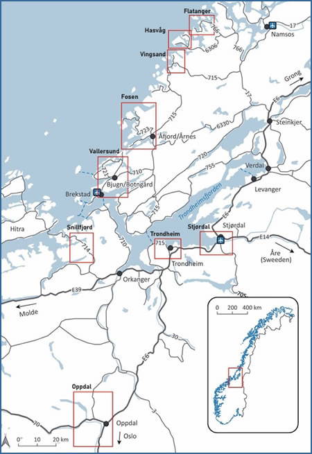 Map of the 9 main bouldering areas at Trøndelag