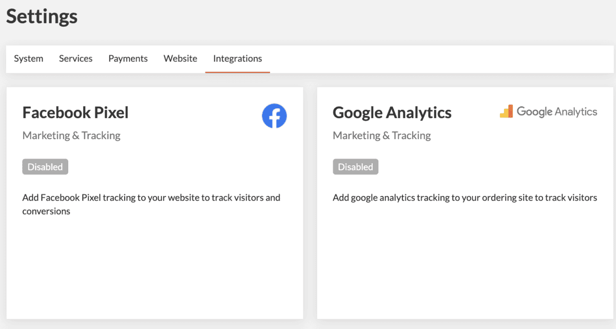 Shows what the Google Analytics integration panel looks like inside CloudWaitress