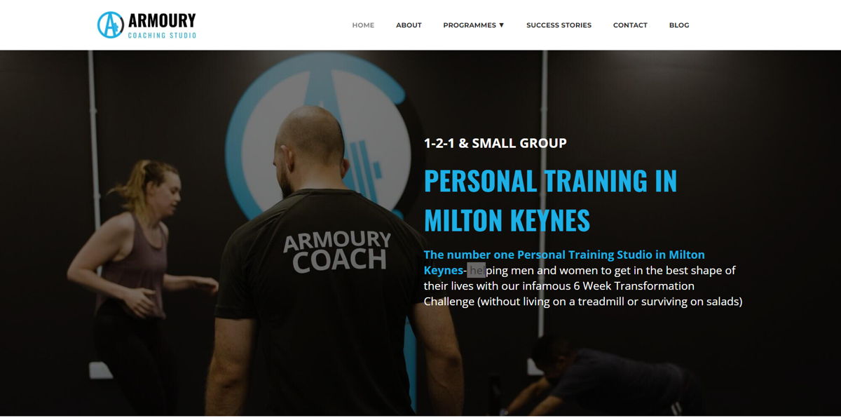 Screenshot of Armoury Coaching Studio, from the personal trainer websites collection.