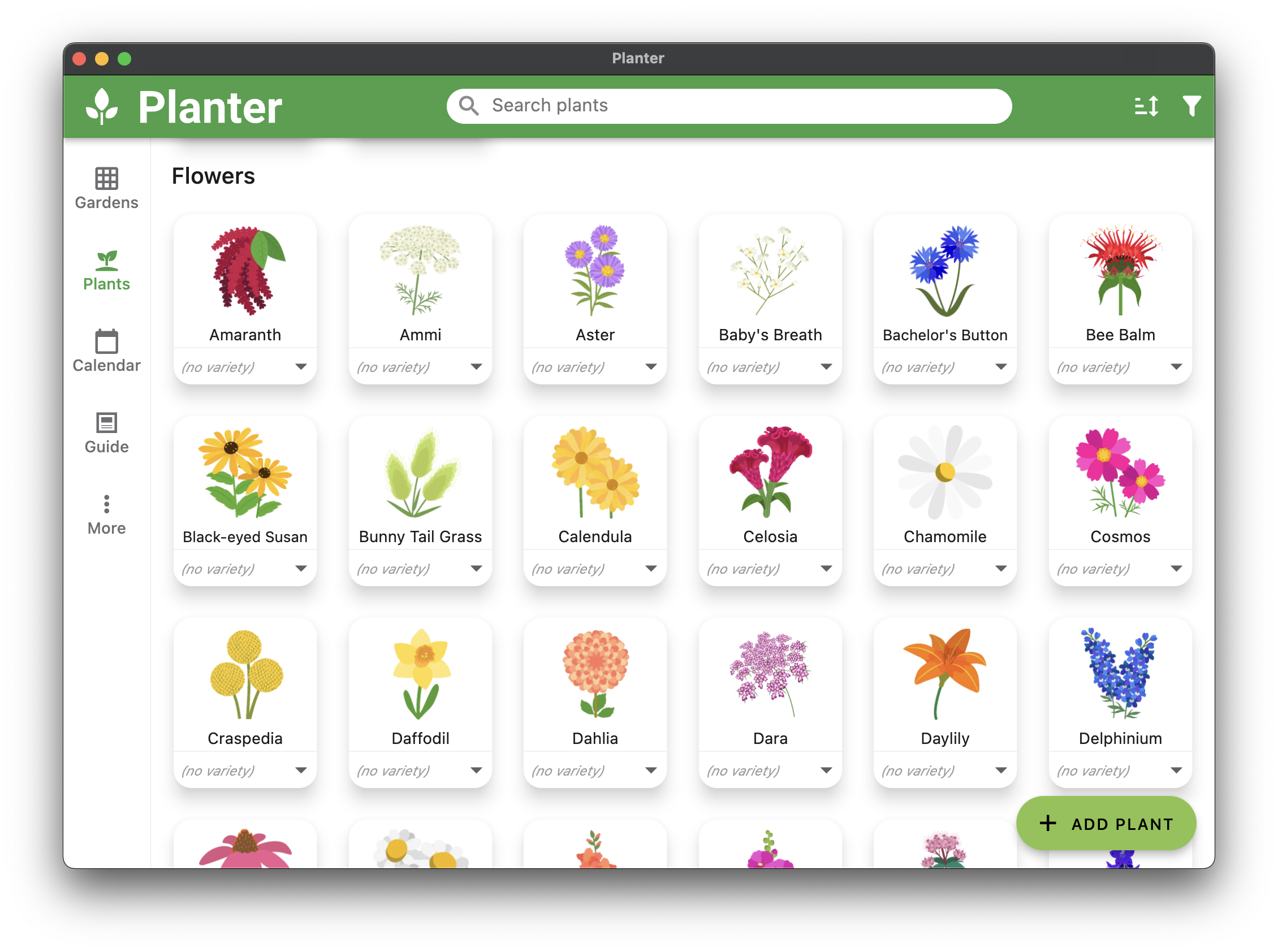 A screenshot of the Planter app showing the new flowers in the Plants page.