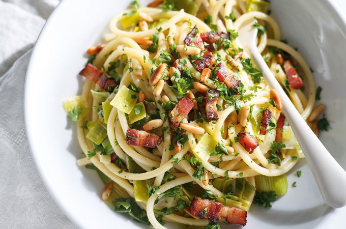 Bucatini with Leek, Bacon and Pine Nuts