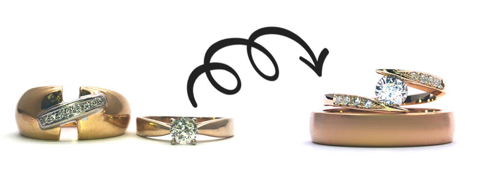 Two yellow gold rings with diamonds become two rings, one semi-eternity engagement ring for woman in pink gold with diamond and the other a band wedding ring for man.