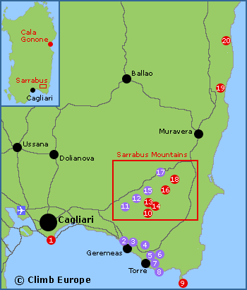 Map of the rock climbing and bouldering areas around Cagliari