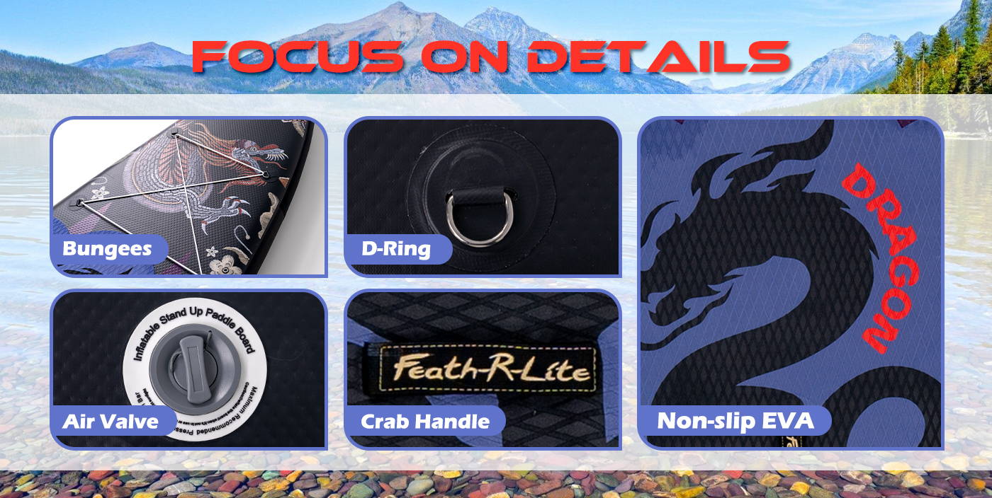 Feath-r-lite iSUP focus on board details, bungees, D-Ring, air valve, Crab Handle and Non-slip EVA are all high quality