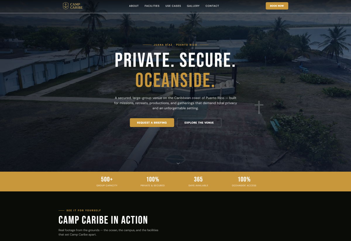 Screenshot of Camp Caribe, from the godaddy airo websites collection.