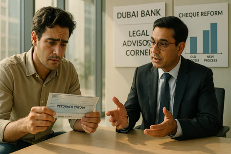 A man holding a returned cheque looks distressed while talking to a bank advisor in a suit about cheque reform and legal advice.