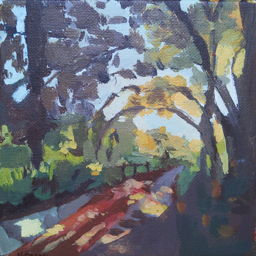Painting of a autumnal wooded path 