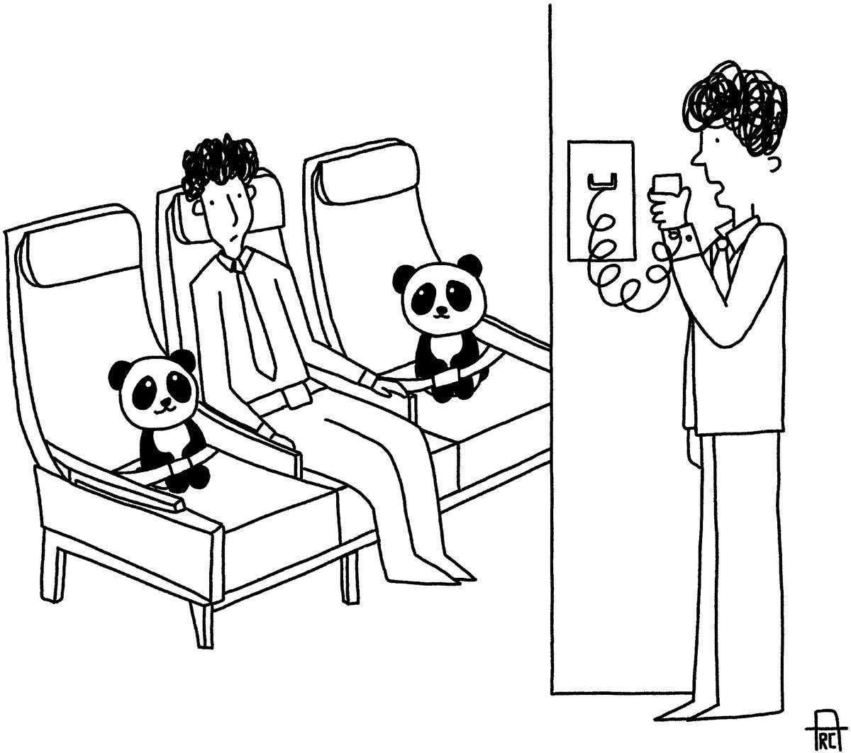 Flight attendant making announcement and looking at man sitting between two baby pandas.