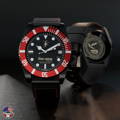 42mm DLC-black Classic case with red bezel and black leather strap with red stitching