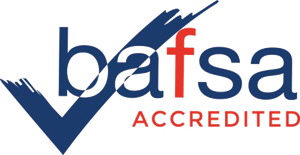 Logo of BAFSA Accredited. The design features a stylized blue check mark that intersects the lowercase blue letters bafsa, with the f in red. The word ACCREDITED is written in red below.